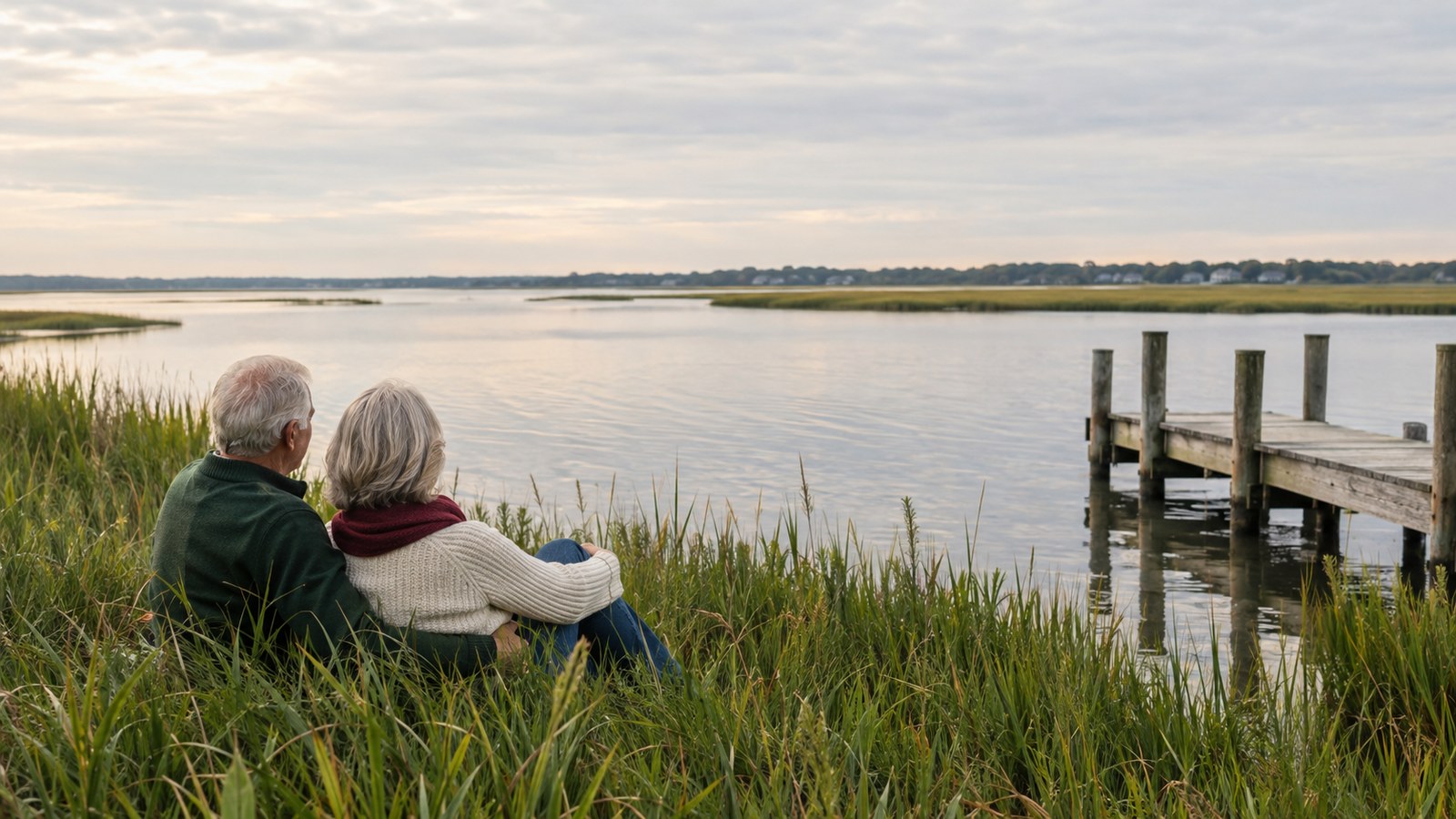 Older couple looking across calm coastal water beside a wooden dock