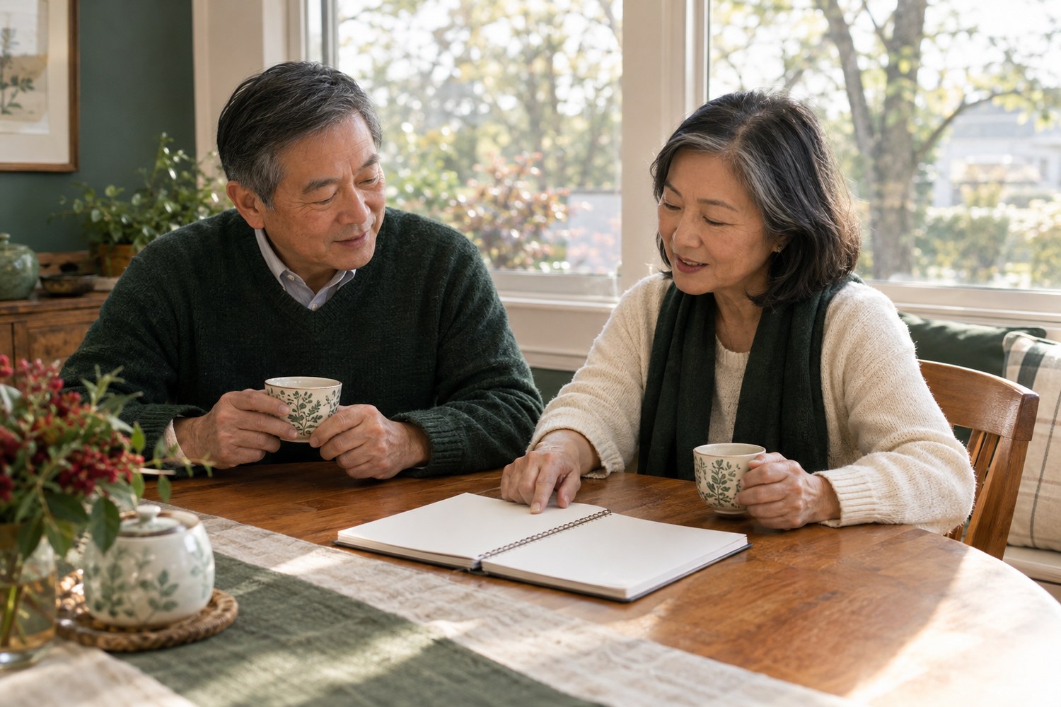 Older couple discussing their notes over tea at home