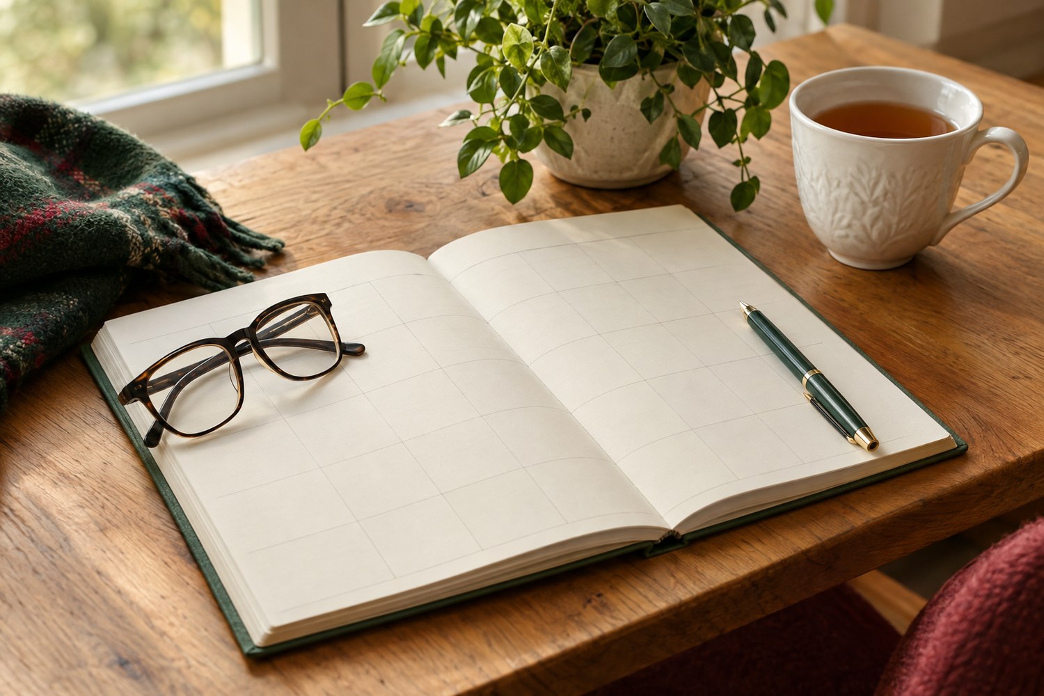 Blank planner, reading glasses and pen on an oak table